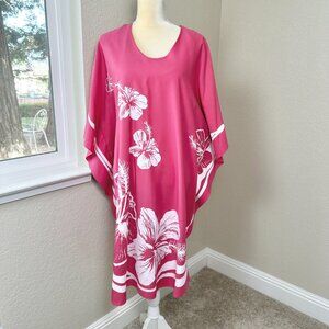 Vintage 70s Hans Jutte Hawaii Kaftan OS Pink Muumuu Dress Hibiscus Floral Hawaii